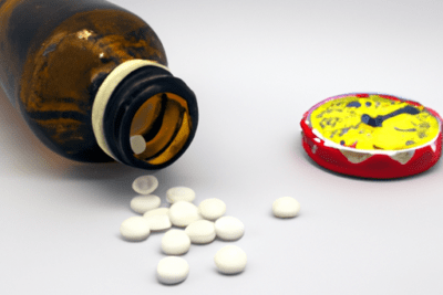 Frasco de vidrio marrón volcado con pastillas blancas dispersas que ilustra cuanto tiempo dura un medicamento despues de caducado