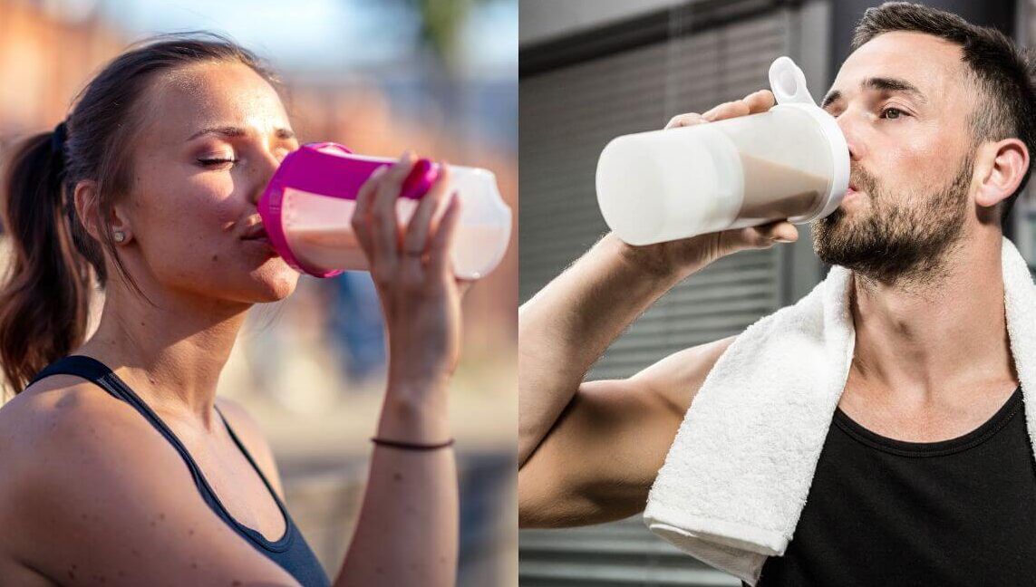Dos deportistas bebiendo batidos de recuperación en shaker, dejar de tomar creatina descubre como afecta a tu cuerpo