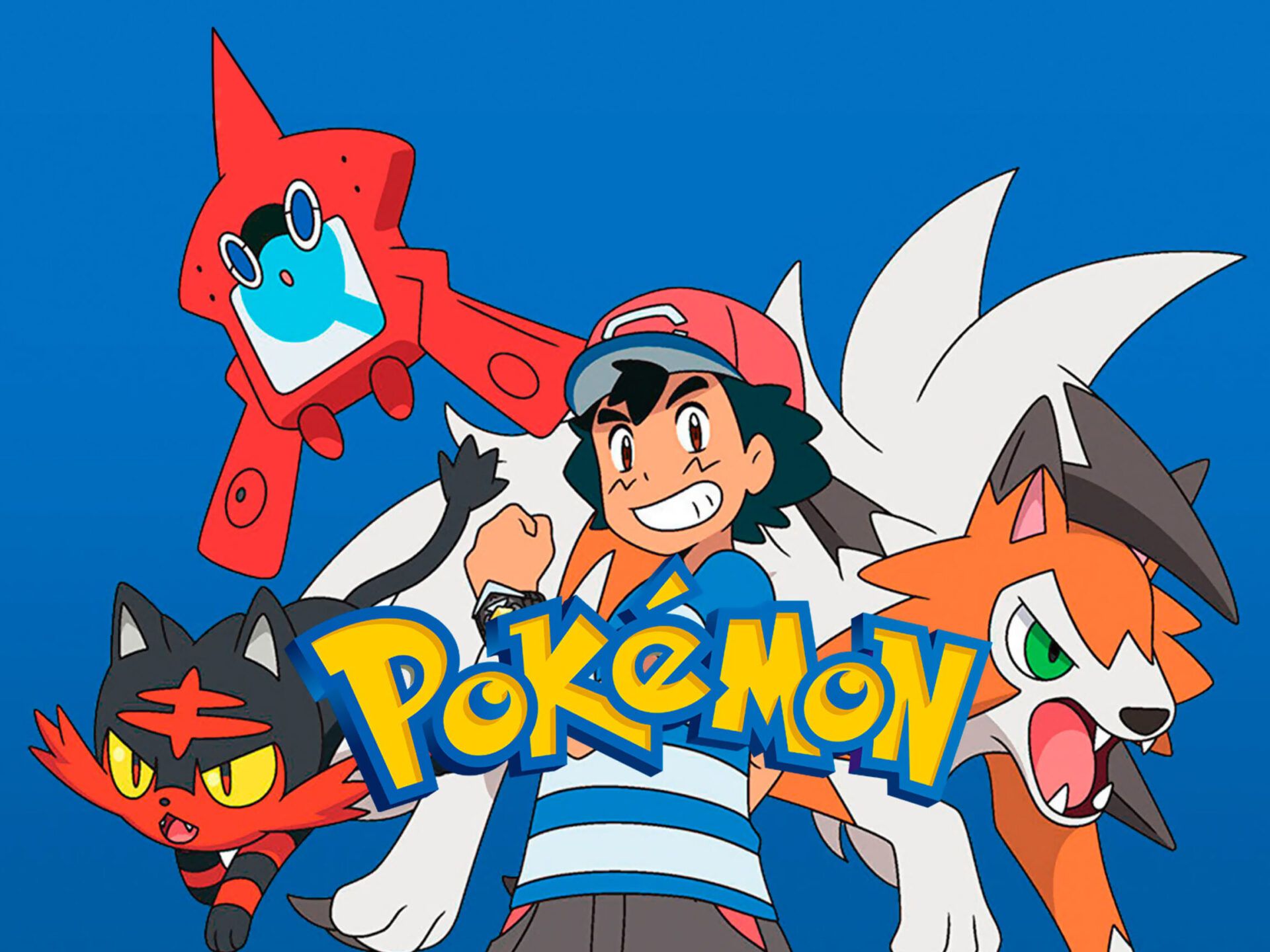 Entrenador sonriente con varios Pokémon y un dispositivo flotante sobre fondo azul, descubre como obtener la quinta medalla en pokemon rojo fuego