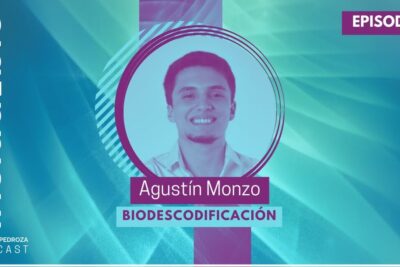 Cartel de podcast en tonos turquesa y morado con retrato central y texto que dice descubre el fascinante significado de la palabra ineludible.