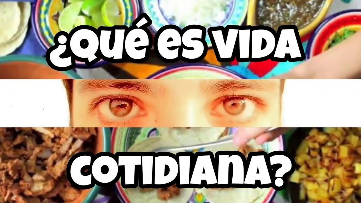 Cartel con la pregunta ¿Qué es vida cotidiana?, ojos en primer plano y platos de comida que invita a descubre el fascinante significado de los dias naturales