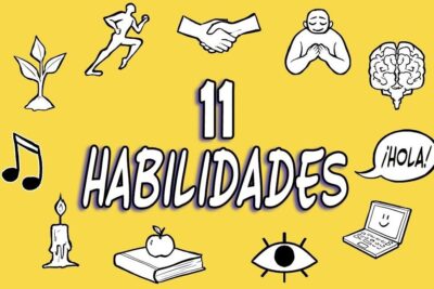 Cartel amarillo con el texto '11 HABILIDADES' y pictogramas de planta, ejercicio, apretón de manos, meditación, cerebro, música, vela, libro, ojo y ordenador, descubre el fascinante significado de realidad todo lo que debes saber.