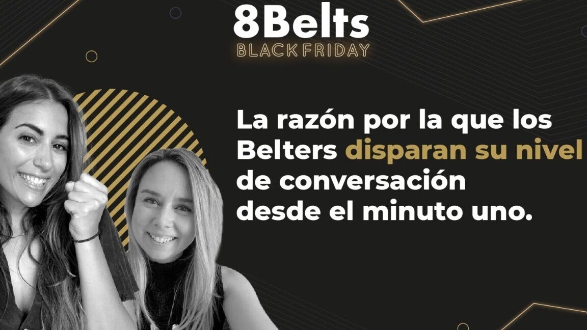 Banner promocional 8Belts Black Friday con dos mujeres sonrientes y texto sobre Belters, descubre el increible significado de fyi todo lo que debes saber