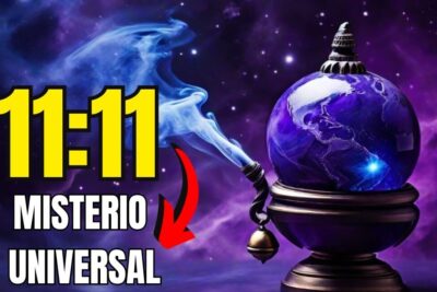 Imagen mística con 11:11 en amarillo junto a una bola de cristal morada y humo que sugiere descubre el misterio detras de que significa 11111.