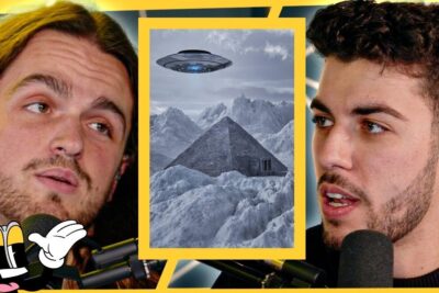 Dos presentadores con micrófonos flanquean una imagen central de pirámide entre montañas heladas y un OVNI, descubre el misterio detras de que significa mdlr