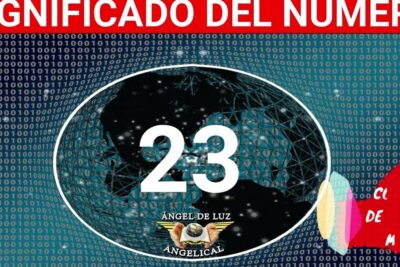 Imagen del número 23 sobre un globo digital con código binario y símbolos angelicales que invita a descubre el misterioso significado detras de que significa 23 23.