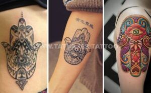 Tres tatuajes Hamsa visibles en torso, antebrazo y brazo superior con detalles de ojo y mandala, descubre el significado de un tatuaje de mano de fatima 1.