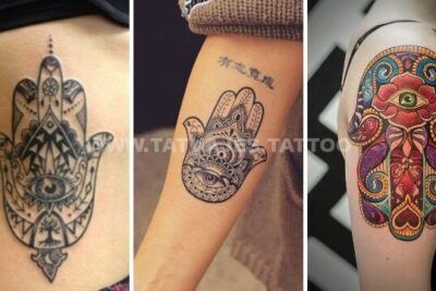 Tres tatuajes Hamsa visibles en torso, antebrazo y brazo superior con detalles de ojo y mandala, descubre el significado de un tatuaje de mano de fatima 1.