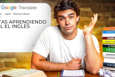 Joven estudiando con libros, cuadernos y Google Translate, descubre el significado de yo en ingles y su importancia en el idioma.