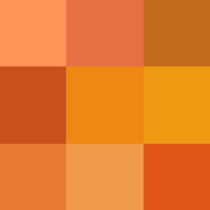Mosaico de nueve tonos naranja en cuadrícula que descubre el significado del color naranja en idioma para paletas y combinaciones.