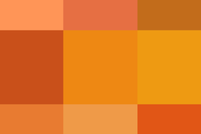 Mosaico de nueve tonos naranja en cuadrícula que descubre el significado del color naranja en idioma para paletas y combinaciones.