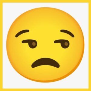Emoji amarillo con cejas arqueadas y boca caída que descubre el significado del emoji y su sentido en las conversaciones indicando escepticismo o desagrado.