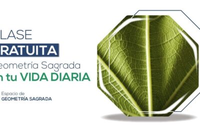 Cartel de clase gratuita de Geometría Sagrada con hoja en primer plano y marco octagonal que invita a descubre el significado profundo de 60 hz y su impacto en tu vida diaria
