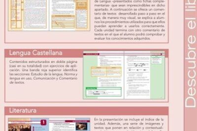 Folleto educativo con secciones Comentario de Texto, Lengua Castellana y Literatura sobre fondo rosado y pestaña lateral; descubre el simbolismo del color verde musgo oscuro profundo suave