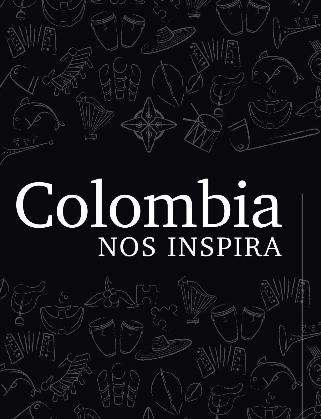 Fondo oscuro con la frase 'Colombia nos inspira' y dibujos de instrumentos tradicionales que invitan a descubre el verdadero significado de juglar vallenato en la cultura colombiana