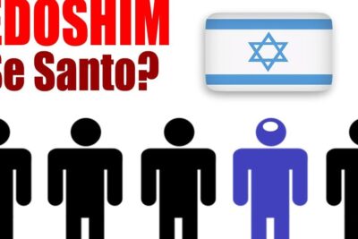 Descubre el verdadero significado de kadosh en una imagen con la palabra Kedoshim en rojo, una bandera de Israel y figuras humanas con una resaltada en azul