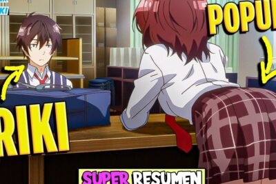 Ilustración anime de un chico sorprendido y una chica apoyada en un mostrador; descubre el verdadero significado de la palabra friki