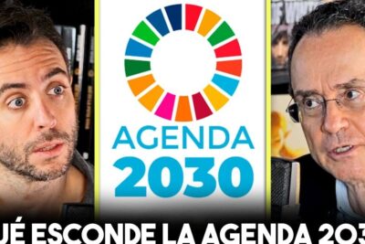 Descubre el verdadero significado de oms todo lo que debes saber en una composición con el logotipo multicolor de la Agenda 2030 y dos hombres conversando frente a micrófonos