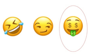 Tres emojis sonrientes con foco en la cara con signos de dólar, descubre el verdadero significado del emoji