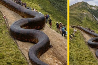 Serpiente gigante en un camino de montaña con caminantes a un lado, ideal para ilustrar artículos como descubre la fascinante dieta de los tigres de que se alimentan estos majestuosos felinos