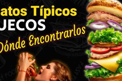 Cartel con texto sobre platos típicos suecos, hamburguesa apetitosa en capas y persona comiendo, descubre lo que se come en noruega comidas tradicionales y platos tipicos