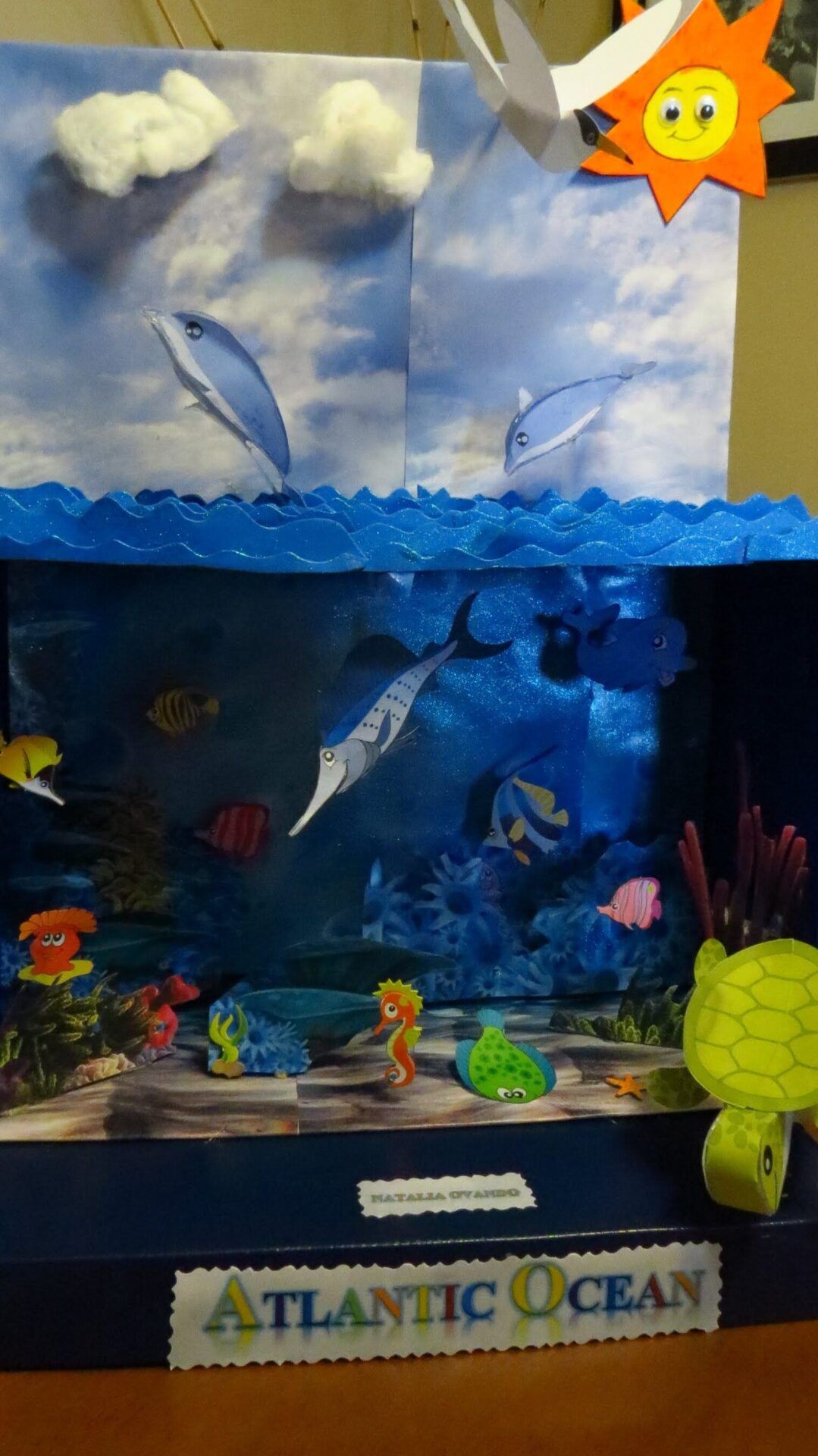 Diorama oceánico con peces recortados, caballito de mar, tortuga y fondo azul donde descubre los ecosistemas del mundo en los dioramas de esta sala 1.