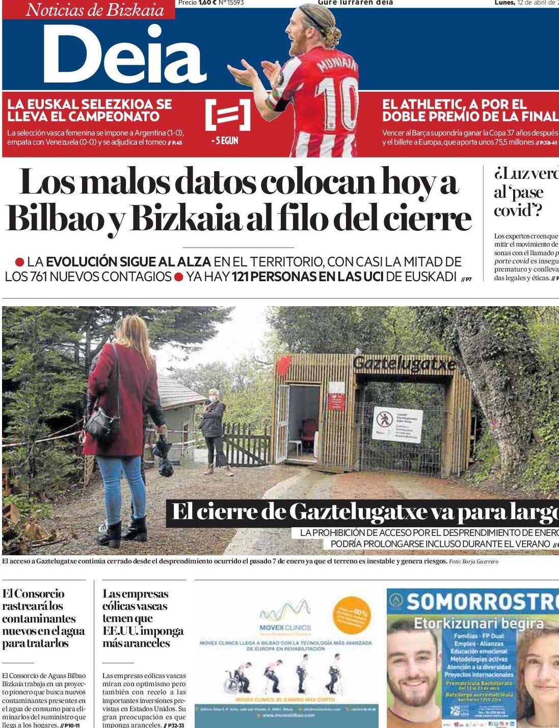 Portada del diario Deia con el titular sobre Bilbao y Bizkaia y la imagen del acceso cerrado a Gaztelugatxe, descubre los increibles beneficios de la mascarilla facial con yoni egg