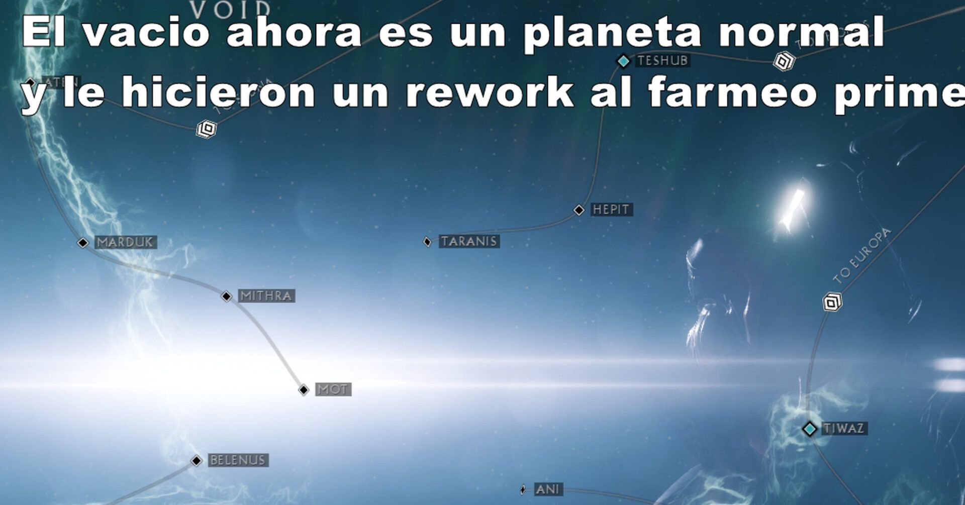 Mapa estelar del Vacío con nodos etiquetados y texto informativo que invita a descubre los secretos de la honda del vacio en warframe mostrando rutas y nombres como Marduk y Tiwaz.