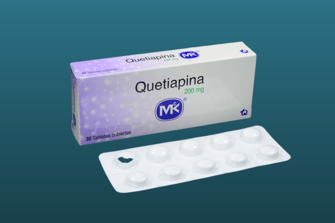 Caja y blíster de Quetiapina 200 mg en fondo azul, descubre para que sirve la quetiapina de 25 mg la respuesta te sorprendera