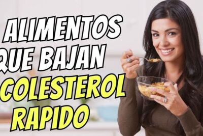Mujer sonriente comiendo cereal frente a un gran texto que dice 4 alimentos que bajan el colesterol rápido y descubre que comen las langostas alimentacion dieta y habitos alimenticios