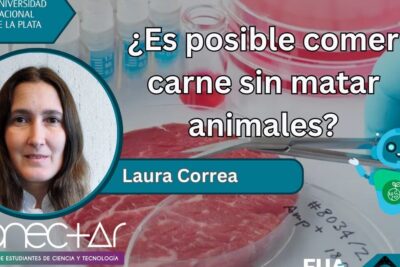 Placa de Petri con muestra de carne cultivada y material de laboratorio junto a retrato de conferencista, descubre que comen los astronautas en el espacio menus espaciales y desafios alimenticios