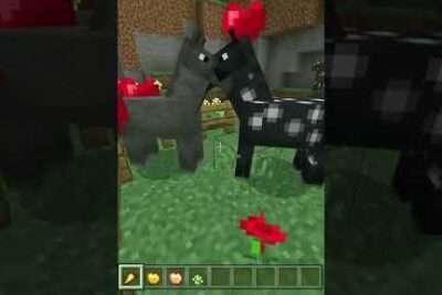 Dos caballos en Minecraft con corazones sobre ellos y alimentos en la barra rápida, descubre que comen los caballos en minecraft guia completa