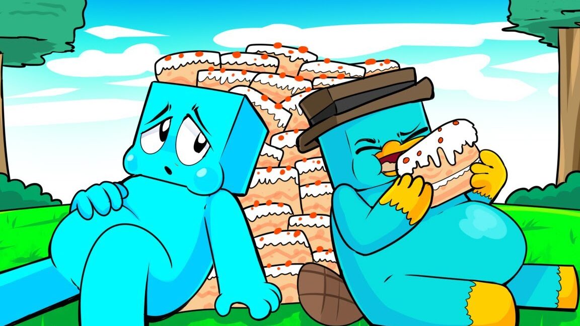 Escena colorida de dos personajes azules con una gran pila de pasteles al aire libre, descubre que comen los cerdos en minecraft todo lo que necesitas saber