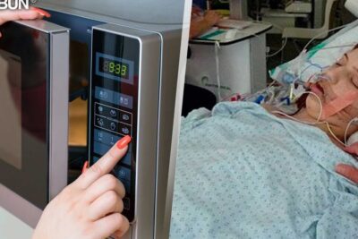 Composición con mano usando un microondas y paciente en cama hospitalaria que invita a reflexionar mientras descubre que comen los hamsters bebes para asegurar su salud y bienestar