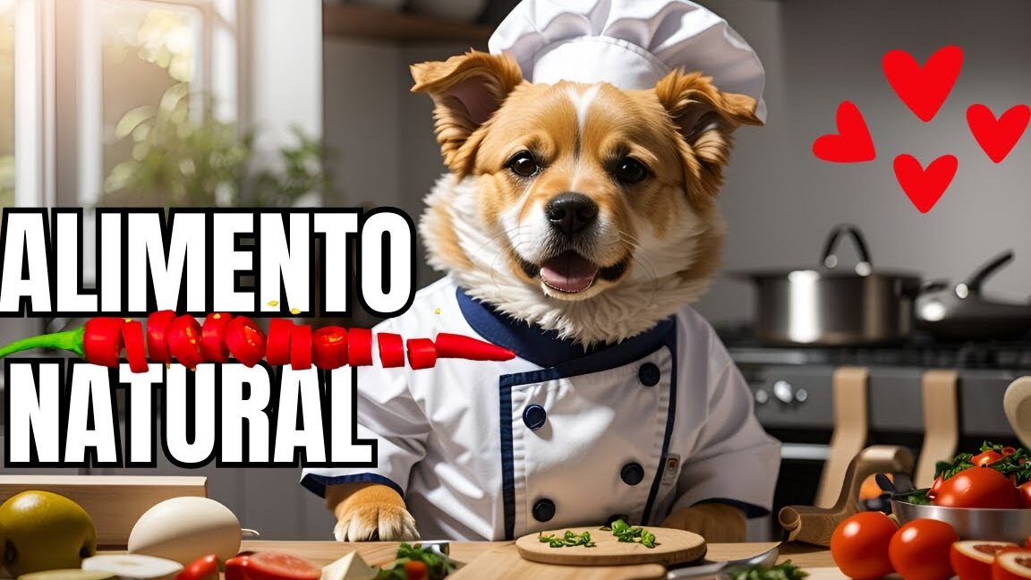 Perro con gorro de chef en cocina junto a verduras promoviendo la idea descubre que comen los husky para mantener su energia y vitalidad