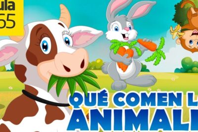 Descubre que comen los insectos y su importancia en la cadena alimentaria en una ilustración colorida con vaca comiendo hierba, conejo con zanahorias y un mono en el árbol