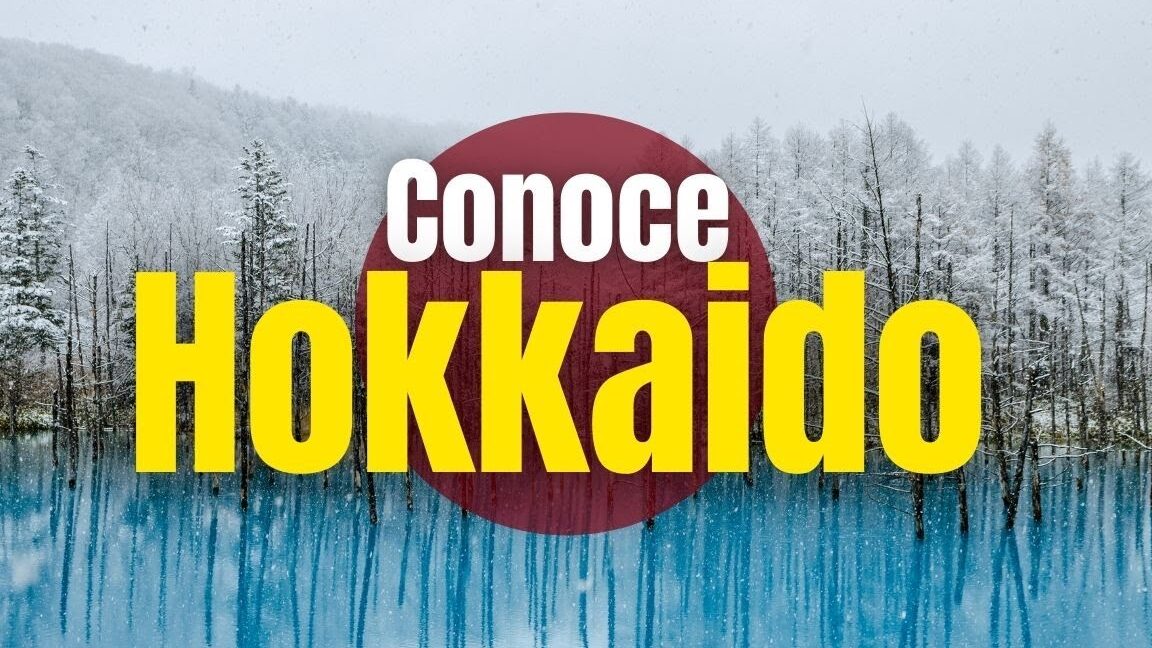 Cartel 'Conoce Hokkaido' sobre paisaje nevado y lago azul que invita a descubre que comen los japoneses tradiciones y delicias gastronomicas