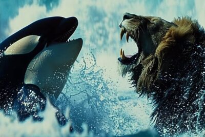 Orca y león emergiendo entre fuertes salpicaduras en una escena acuática y dramática que despierta curiosidad sobre la naturaleza y descubre que comen los moluscos una guia completa sobre la alimentacion de estos fascinantes seres marinos