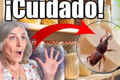 Mujer sorprendida en la despensa junto a frascos de granos y un gorgojo ampliado, descubre que comen los tenebrios alimentacion de los insectos oscuros
