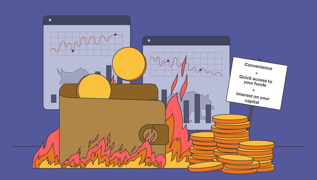 Descubre que es i wallet y como funciona en este articulo mostrando una cartera digital con monedas, llamas y gráficos financieros.