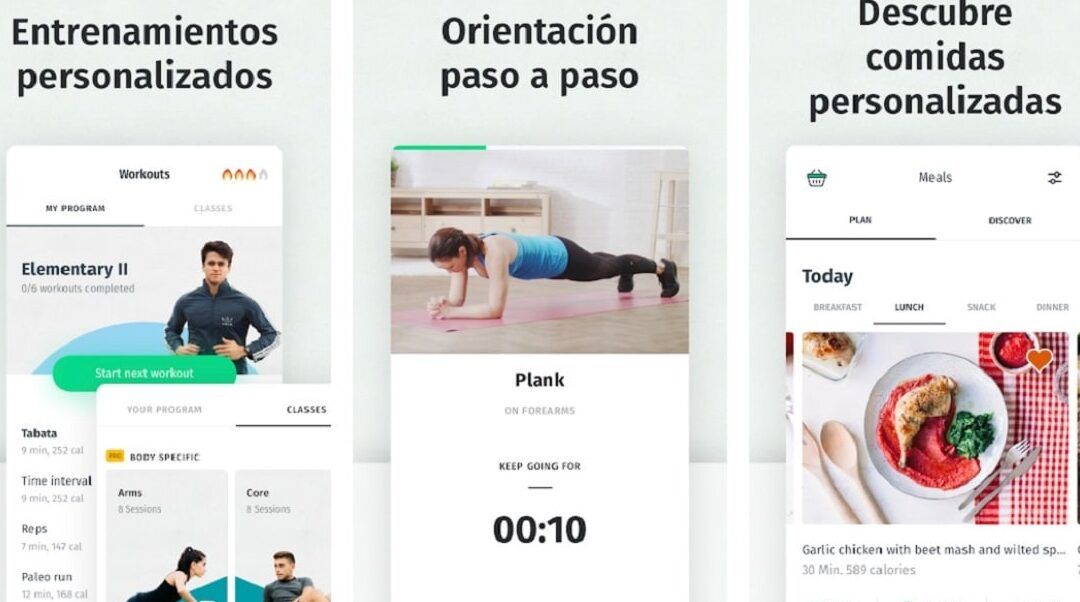 Interfaz de app con entrenamientos personalizados, una persona en plank y menú de comidas; descubre que le sucedio a nuestro redactor al hacer flexiones todos los dias con xiaomi