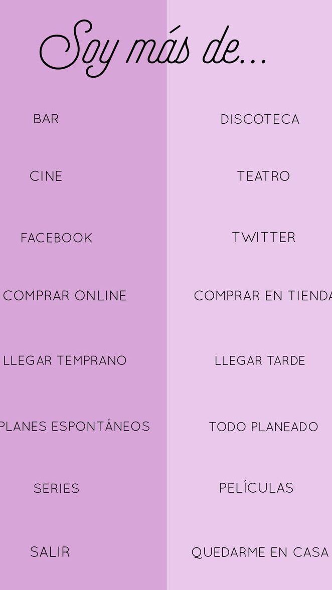 Gráfico rosado dividido con el título 'Soy más de...' y pares de opciones como bar o discoteca; descubre que prefieres al azar con este divertido cuestionario.