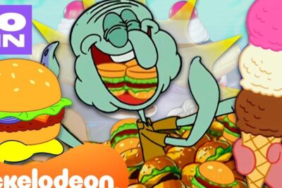 Descubre que se alimentan los camarones una guia completa sobre la alimentacion de estos crustaceos mostrando un personaje animado tipo cefalópodo feliz entre hamburguesas y conos de helado