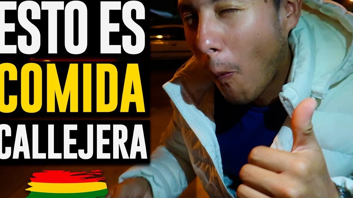 Hombre probando comida callejera con gesto de aprobación y texto promocional, descubre que se come en bolivia y cuales son sus platos tipicos mas deliciosos