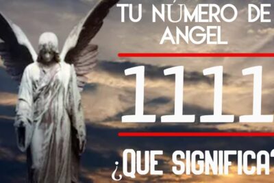 Estatua de ángel junto a grandes números 1111 sobre un cielo nublado, descubre todo lo que necesitas saber sobre que significa y su mensaje espiritual