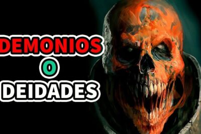 Ilustración oscura de una calavera demoníaca y texto 'Demonios o Deidades', composición que invita a descubre todo sobre el significado de ao una palabra cargada de misterio.