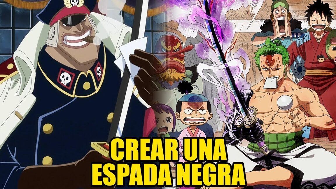 Descubre todo sobre la misteriosa espada negra de one piece en una ilustración que muestra a la tripulación observando una katana oscura