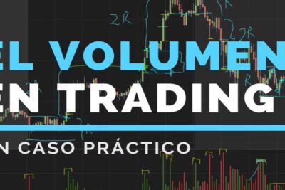 Gráfico de velas y barras de volumen con texto 'El volumen en trading' que descubre todo sobre que significa ema explicacion detallada y completa