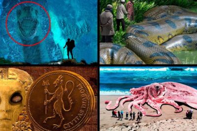 Collage de escenas con serpientes gigantes, calamares varados y figuras enigmáticas, descubriendo el intrigante mundo de la alimentacion de las serpientes de cascabel
