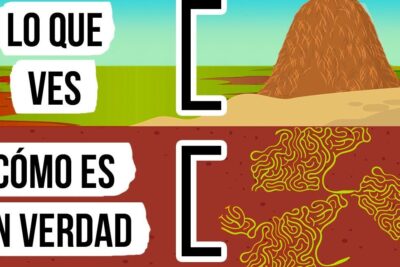 Ilustración con montículo en superficie y laberinto de túneles subterráneos que muestra descubriendo el mundo de las hormigas rojas de que se alimentan realmente.